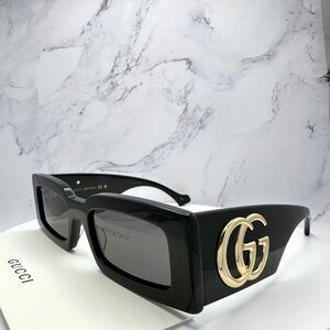 New Gucci Sunglasses Black Gold Rectangle Square